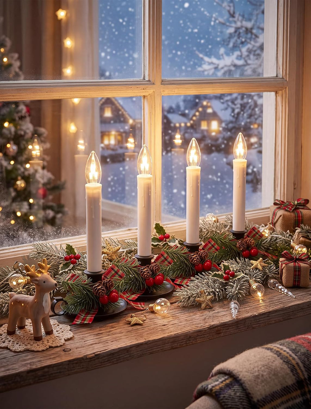 4PK Christmtas Window Candle Light, 10" LED Antique Black Candlestick