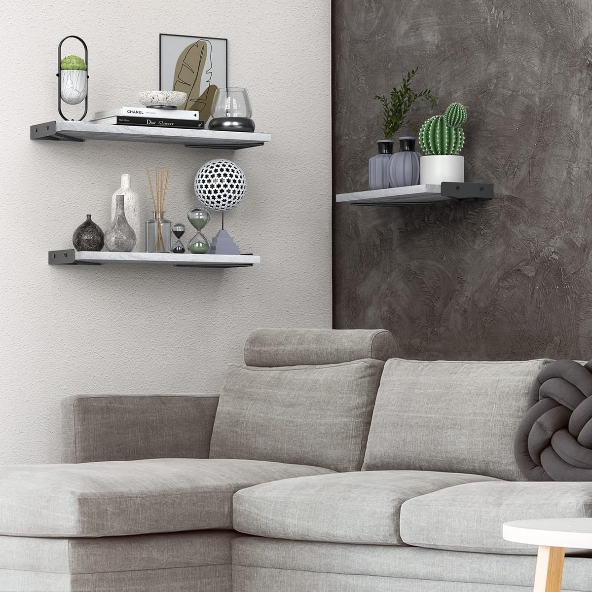 BAYKA Wall Mounted Floating Shelves (Gray and White, Set of 3, 16" Mixed)