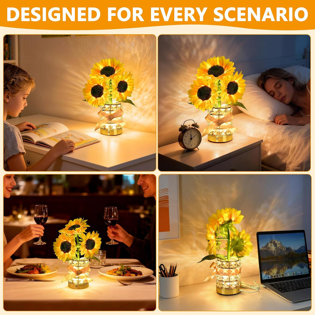 Handmade Sunflower Lamp, Rechargeable Cordless Touch Table Lamp, 3-Colour Infinitely Dimming Small Night Light, Festival Restaurant Bedroom Bar Coffee Shop Birthday Gifts for Women Mom, 3 Sunflowers