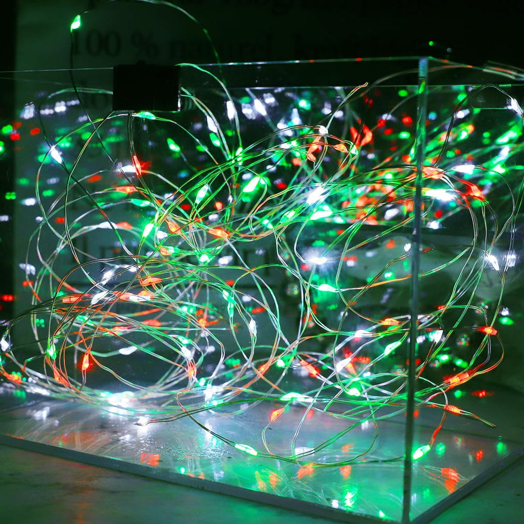 Christmas String Lights Red Green White Copper Wire, 2 Pack Total 200LED Fairy Lights Waterproof Twinkle Lights for Xmas, Bedroom, Garden, Patio, Outdoor Decor- Red White Green