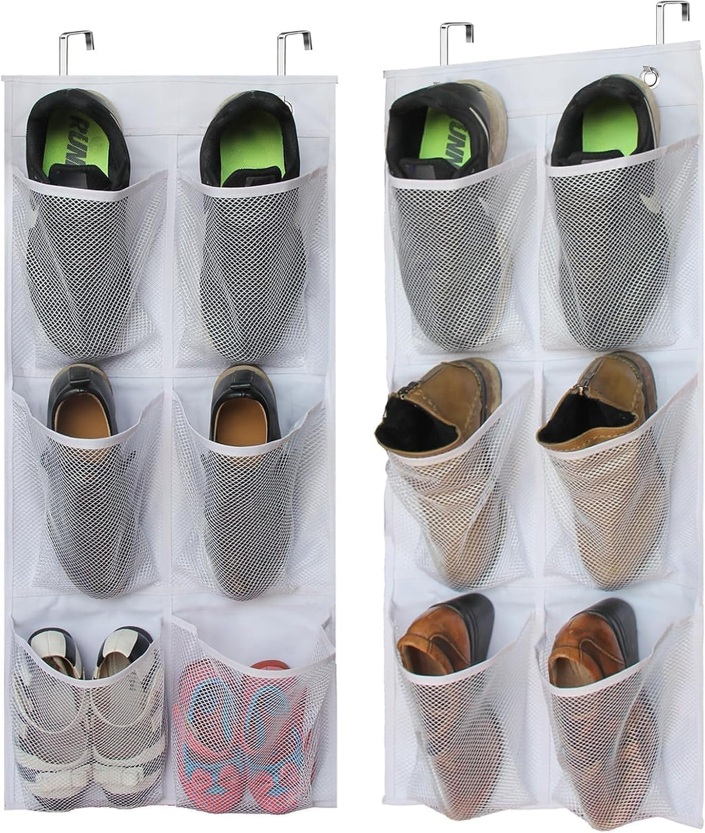 KIMBORA 2 Packs Narrow Over the Door/Wall Shoe Organizer Cruise, Small Hanging Shoe Rack for Closet with Clear Mesh Pocket for Bathroom, RV, Pantry, Camping (White)