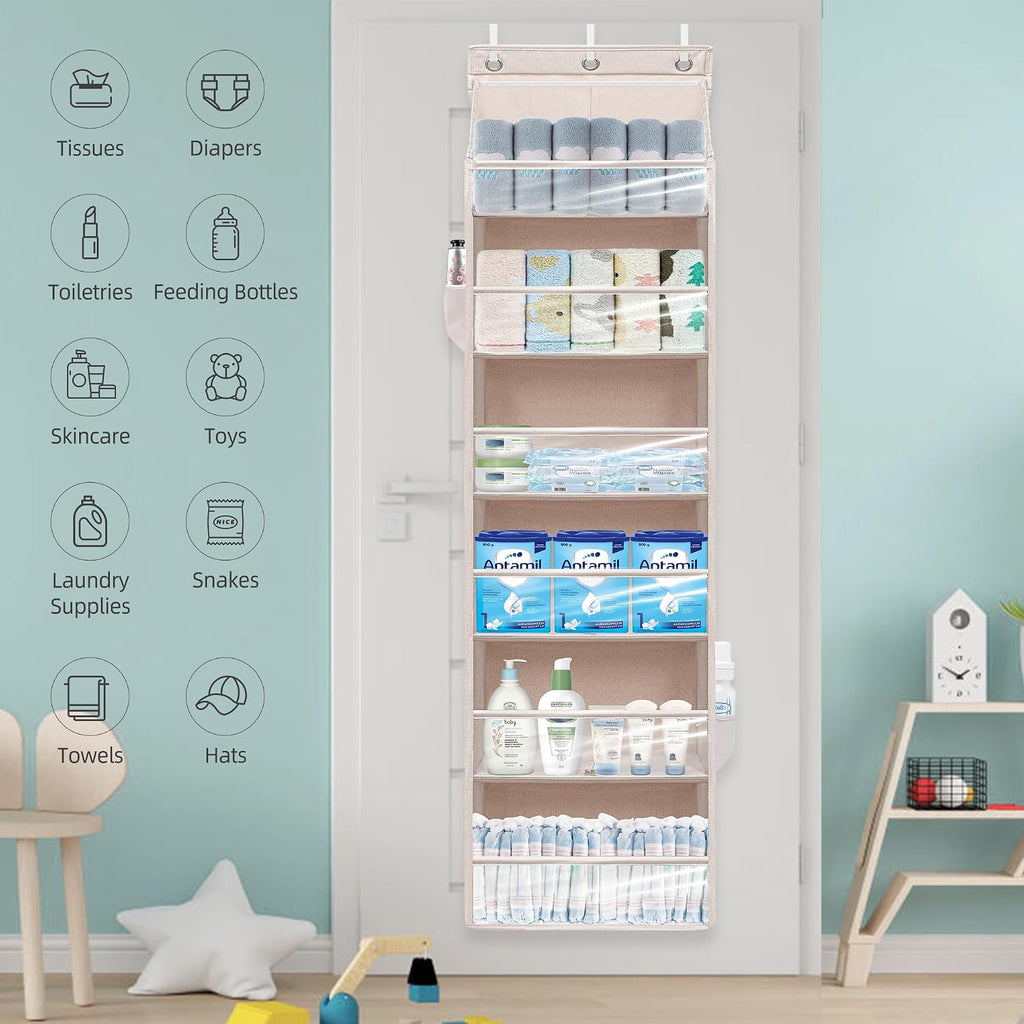 Over Door Organizer with 6 Extra Large Pockets 12 Side Pockets, Sturdy Closet Storage Rack, Hanging Storage Organizer with Clear Window for Shoes, Diaper, Bedroom, Bathroom, Beige, 4-Pack