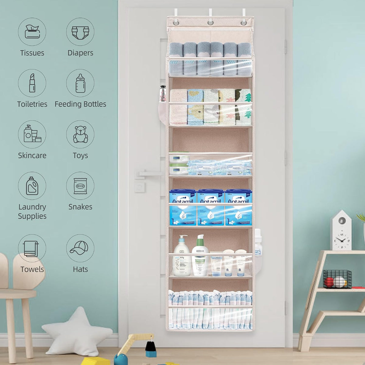 Over Door Organizer with 6 Extra Large Pockets 12 Side Pockets, Sturdy Closet Storage Rack, Hanging Storage Organizer with Clear Window for Shoes, Diaper, Bedroom, Bathroom, Beige, 4-Pack