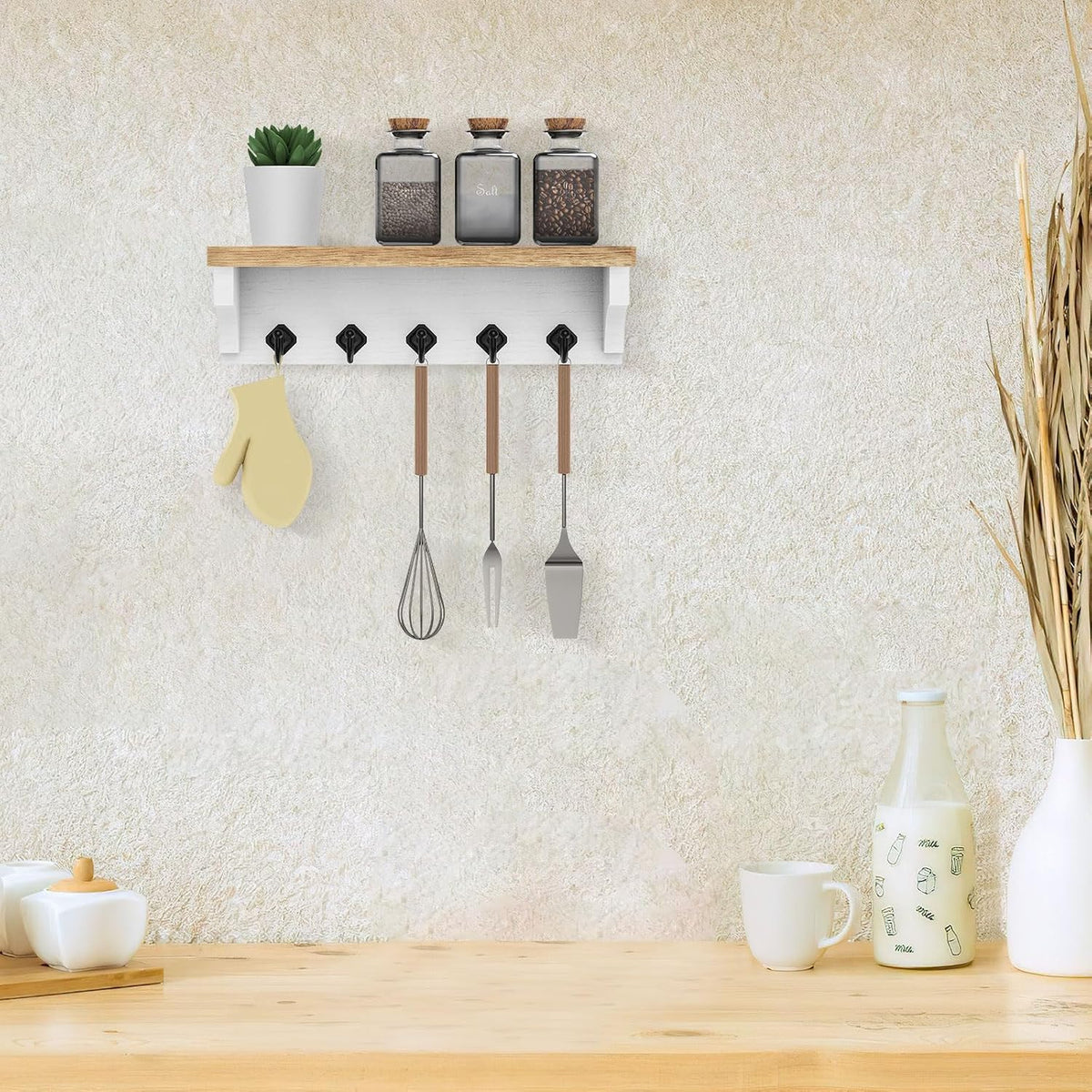 Nekon Key Holder for Wall, 11.8" W x 3.5" H x 2.8" D Wall Shelf, Wood