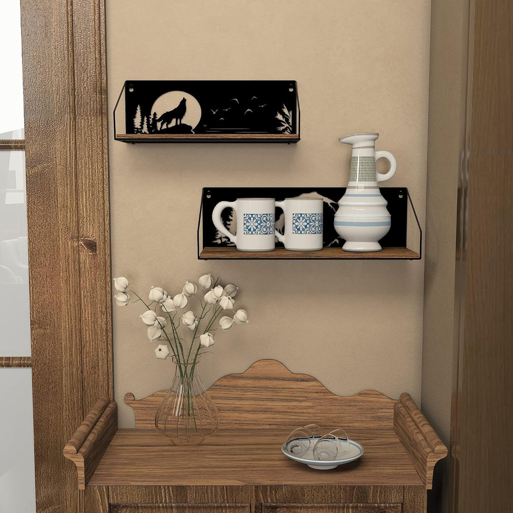 Giftgarden Floating Shelves for Wall with Unique Howling Wolves Cutout, Rustic Wolf Decor Wood Iron Hanging Shelf Decoration for Bedroom Bathroom Storage Cabin Lodge, Black