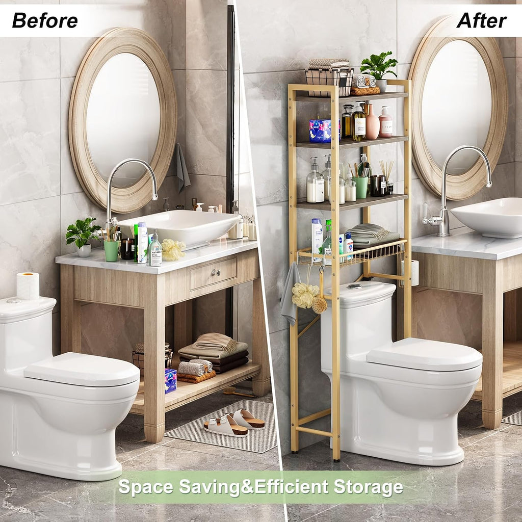 Kalrin Over-The-Toilet Storage Rack, 4-Tier Bathroom Organizer Shelf Over Toilet with Adjustable Shelf and Basket, Freestanding Space Saver Bathroom Shelves Above Toilet for Room (MetalWood-Gray)