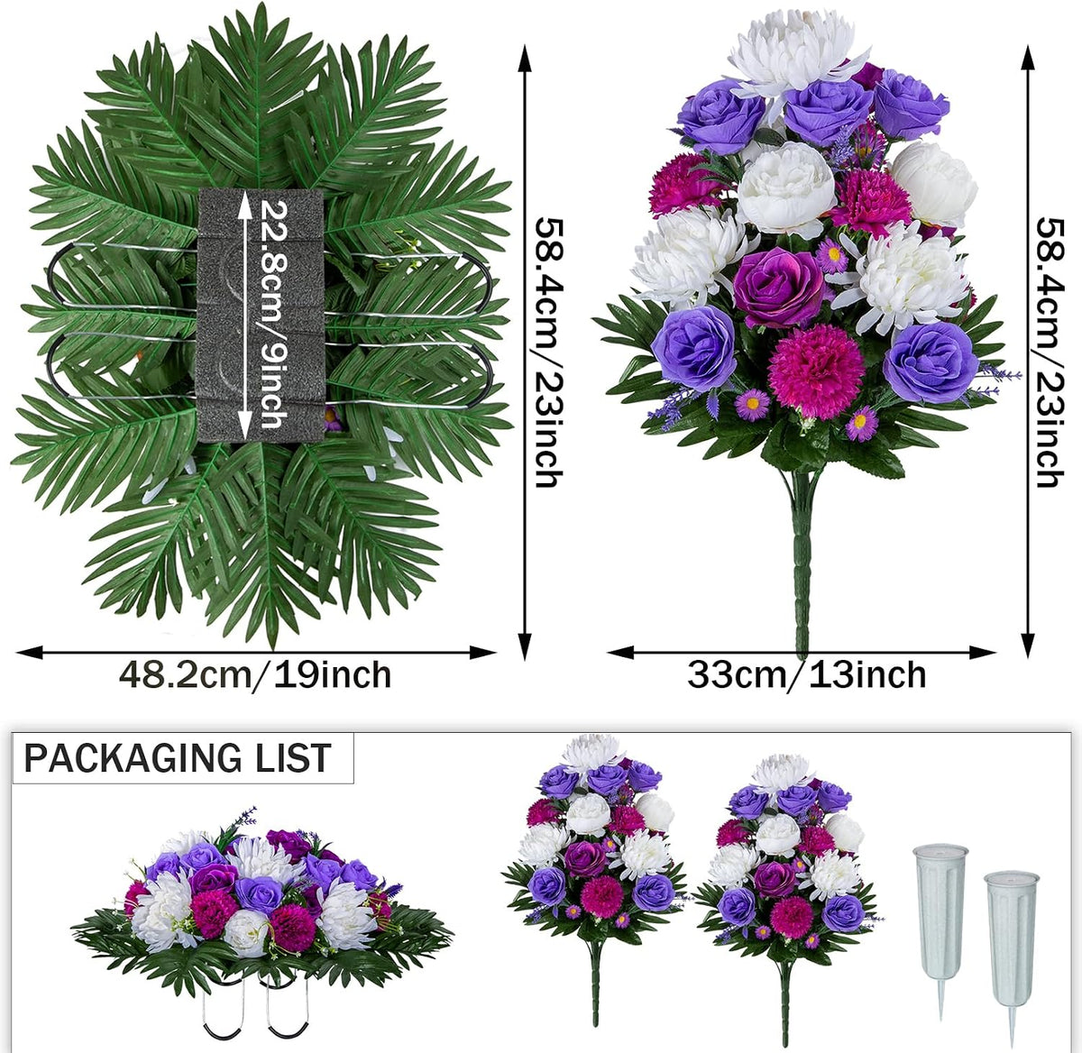 XONOR Artificial Headstone Flower Saddles for Graves, Cemetery Memorial Flowers for Outdoor Tombstone Decorations, Artificial Peony Rose Flowers Saddle (Purple&White, 1 Saddle 2 Bouquets)