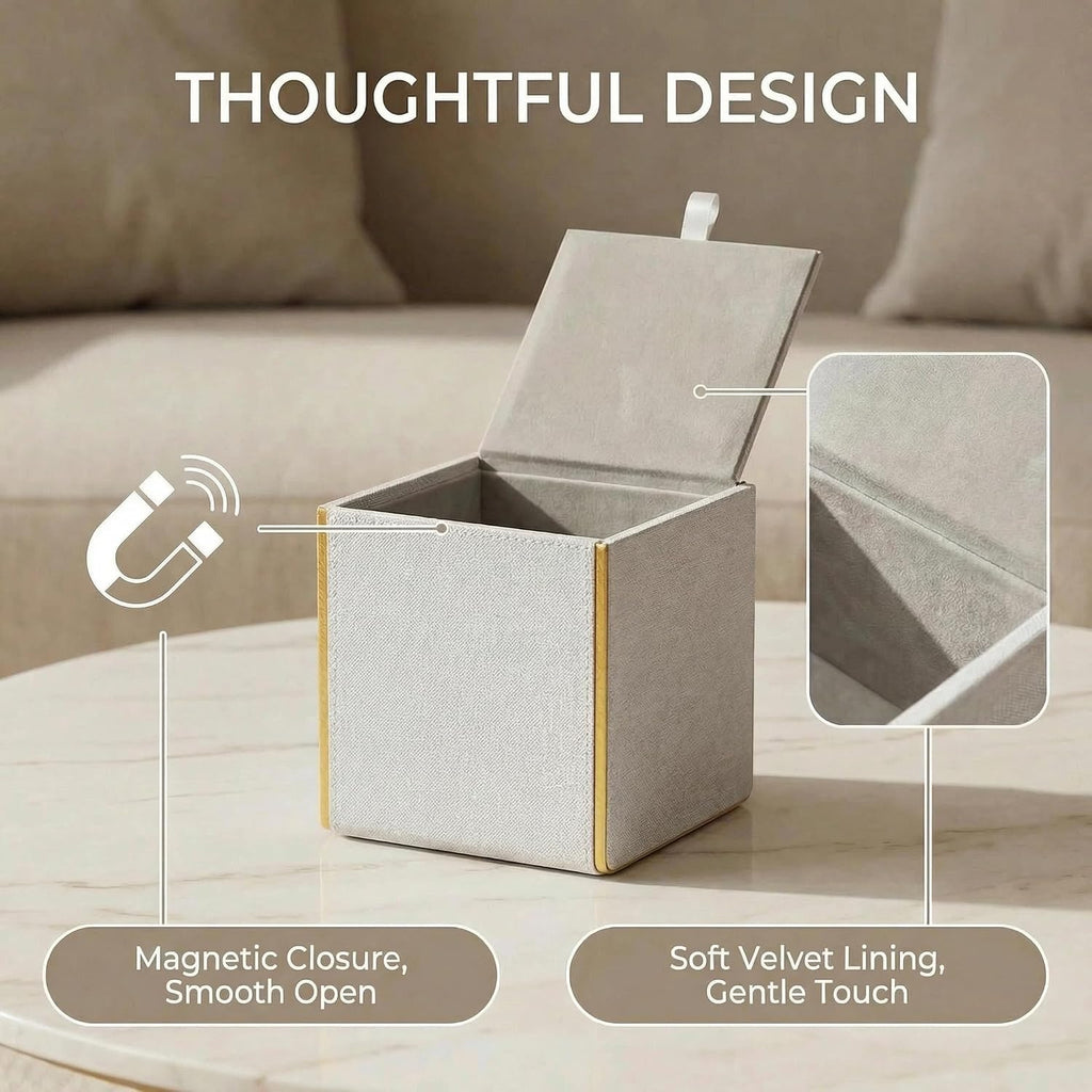PU Leather Square Tissue Box Cover, Linen Tissue Box Holder with Magnetic Closure, Decorative Modern Cube Tissue Box for Bathroom Vanity Countertop Bedroom Office Desk (Beige)