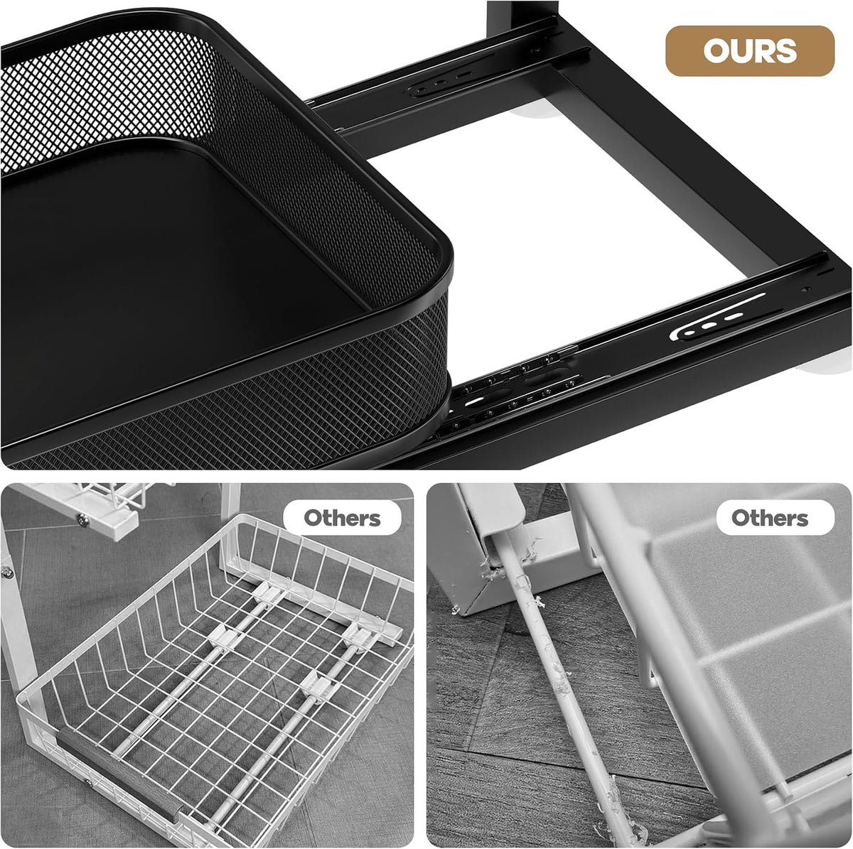 1 Pack-16"D Under Sink Storage Organizer with 2-Tier Slide Out Drawer, Sophisticated Mesh Pull Out Shelf for Kitchen & Bathroom, Fits Small Items, Upgraded Arched Track for Smooth Gliding-Black
