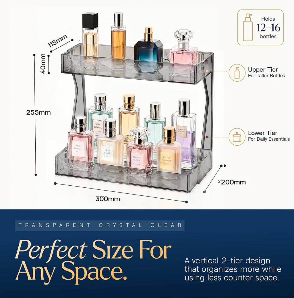 Perfume Organizer for Vanity, Premium Clear Acrylic Makeup Organizer Countertop with Non-Slip Trays, Easy 30-Second Assembly, organizador de maquillaje (Dark Diamond)
