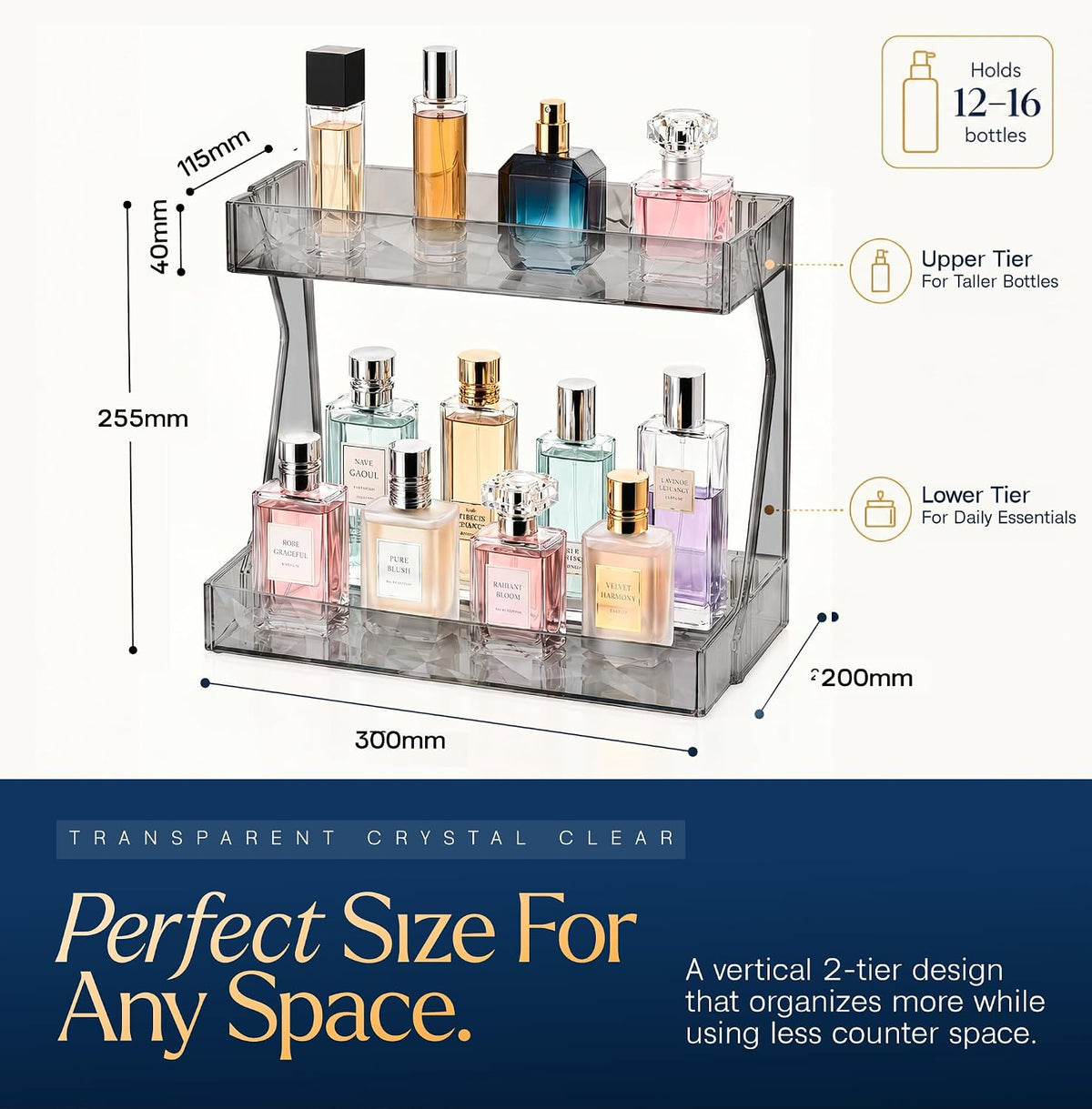 Perfume Organizer for Vanity, Premium Clear Acrylic Makeup Organizer Countertop with Non-Slip Trays, Easy 30-Second Assembly, organizador de maquillaje (Dark Diamond)
