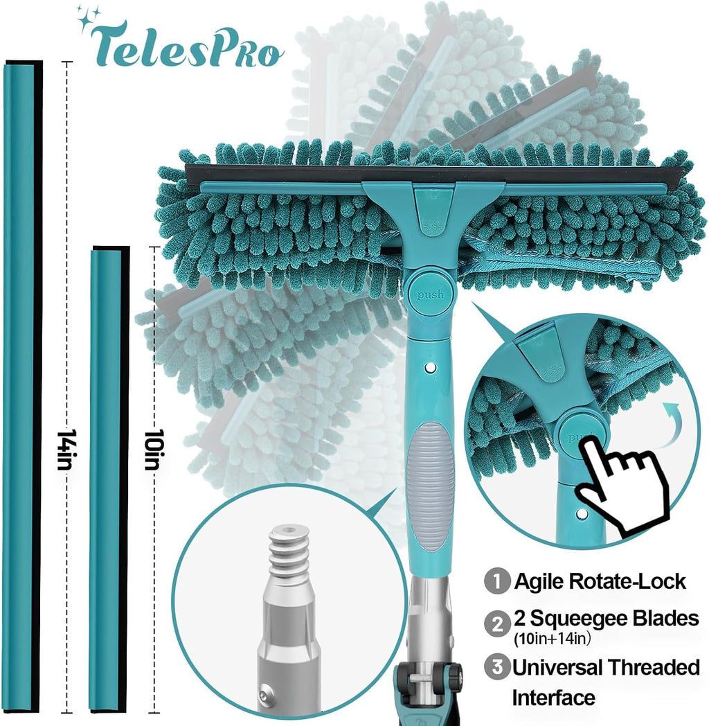 TelesPro 20 Feet High Reach Window Squeegee with 5-12Ft Extension Pole, Window Cleaner Tool with 3-Stage Telescoping Pole, Window Cleaning Kit with Rotatable Head (2 Squeegee & 2 Microfibre Cloths)