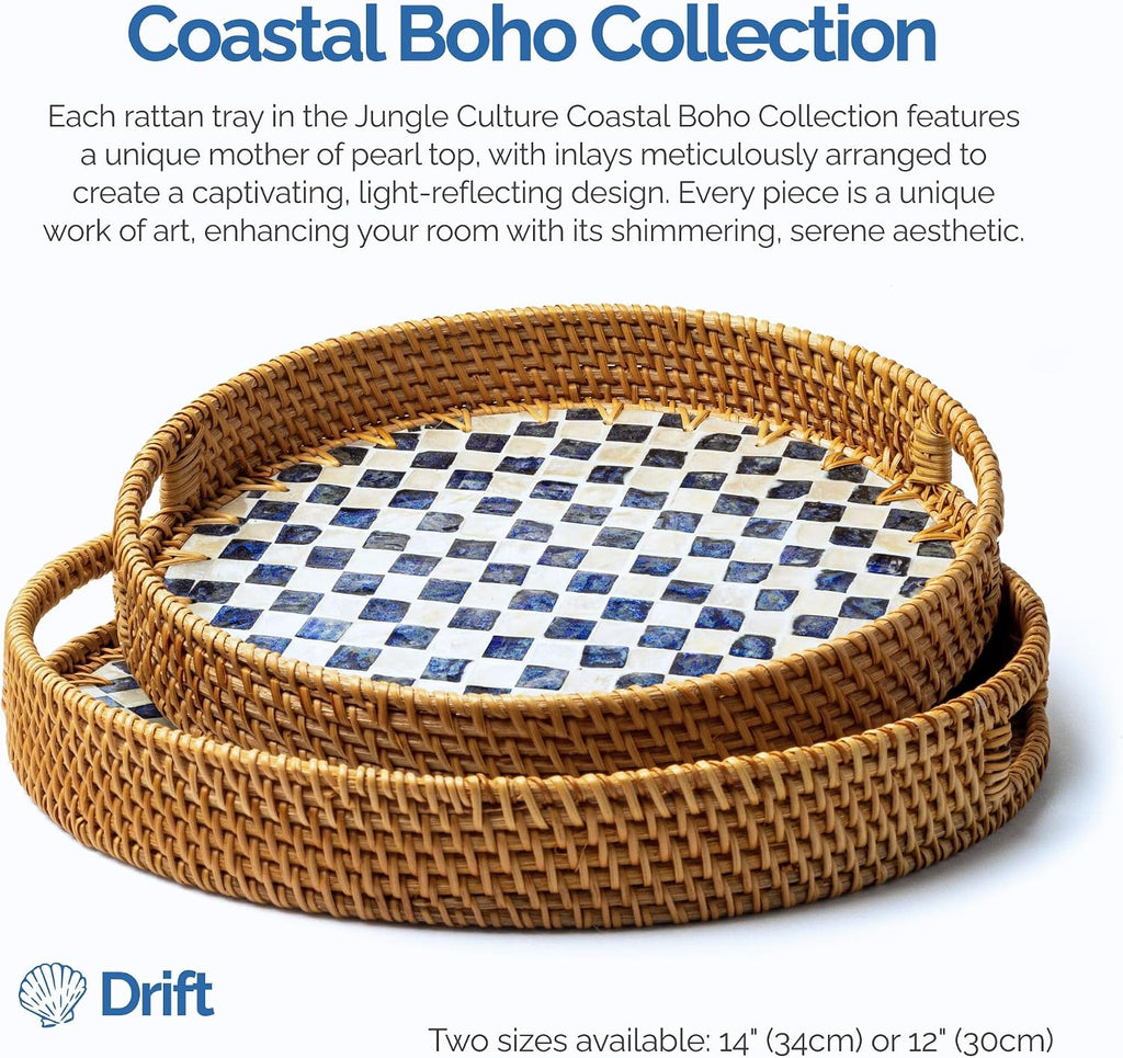 JUNGLE CULTURE Round Rattan Tray with Mother of Pearl Inlay • Drift 14"