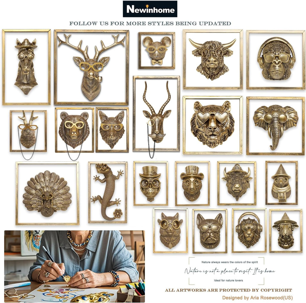 Newinhome Animal Heads Wall Decor (Includes Metal Frame) Resin Animals Sculptures Head Wall Hanging Decoration Gold vintage Wall Sculpture for Living Room Bedroom Office(Rat)