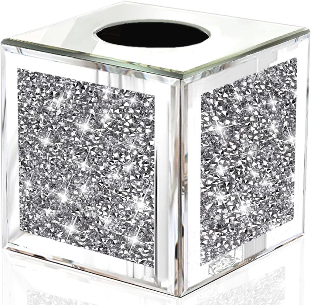 Wocred Square Mirrored Tissue Box Cover,Crystal Crushed Diamond Tissue Box,Silver Luxury Tissue Holders for Either Tissues in a Bathroom or Napkins on a Table.(5.5”x5.5”x5.5”)