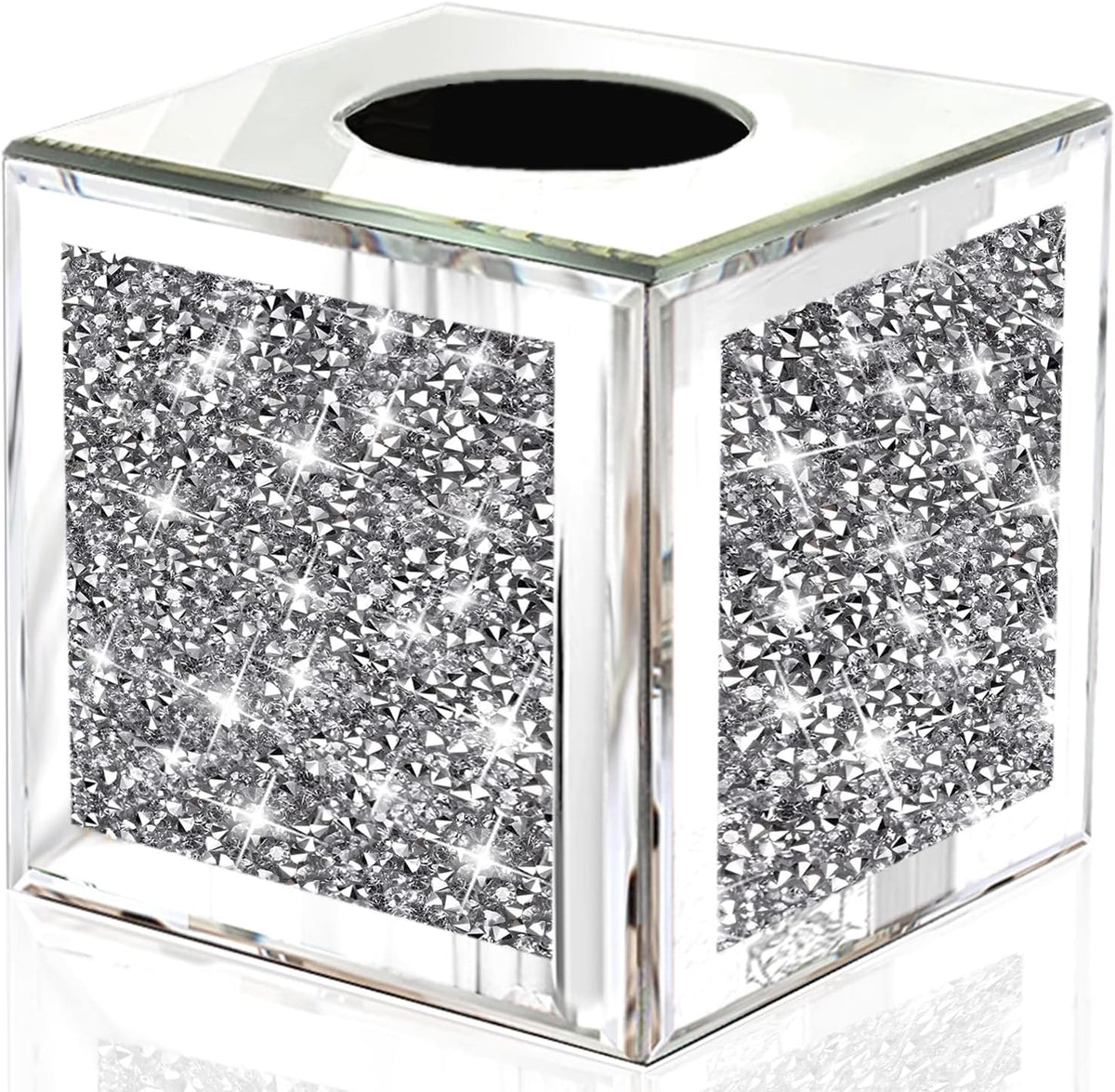 Wocred Square Mirrored Tissue Box Cover,Crystal Crushed Diamond Tissue Box,Silver Luxury Tissue Holders for Either Tissues in a Bathroom or Napkins on a Table.(5.5”x5.5”x5.5”)