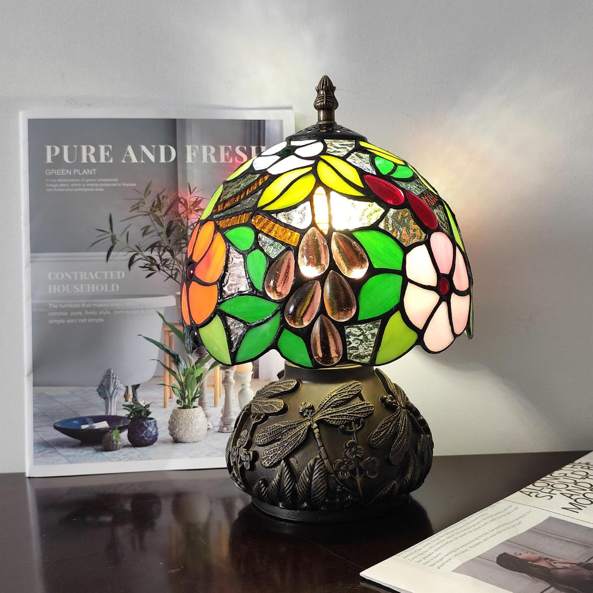 Tiffany Table Lamp 3-Way Stained Glass Style Bedside Reading Lamp Village Bedroom Nightstand Light 12inch Tall Office Home Decor Retro Unique Accent Lamp (Grapes Leaves)