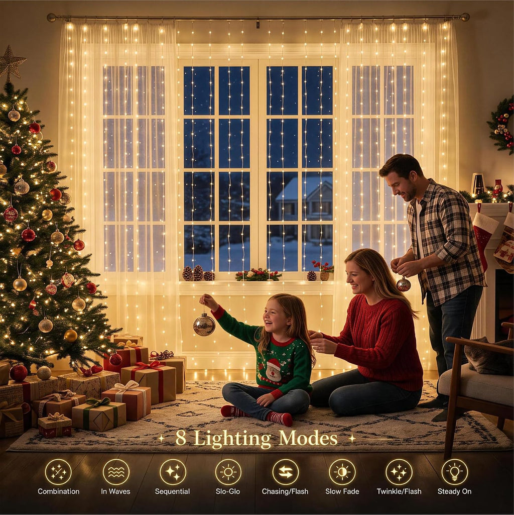 HXWEIYE 300LED Fairy Curtain Lights, 9.8x9.8Ft USB, Remote, Tangle-Free