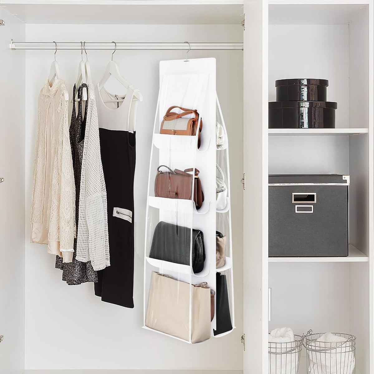 8-Pocket Hanging Handbag Purse Organizer for Closet, White