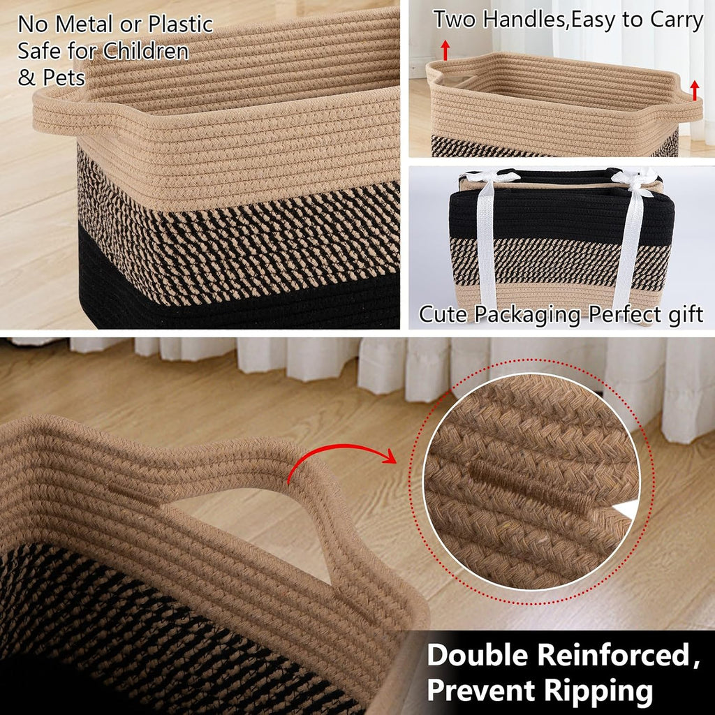 OIAHOMY Cotton Rope Storage Baskets for Organizing Black & Brown 3-Pack
