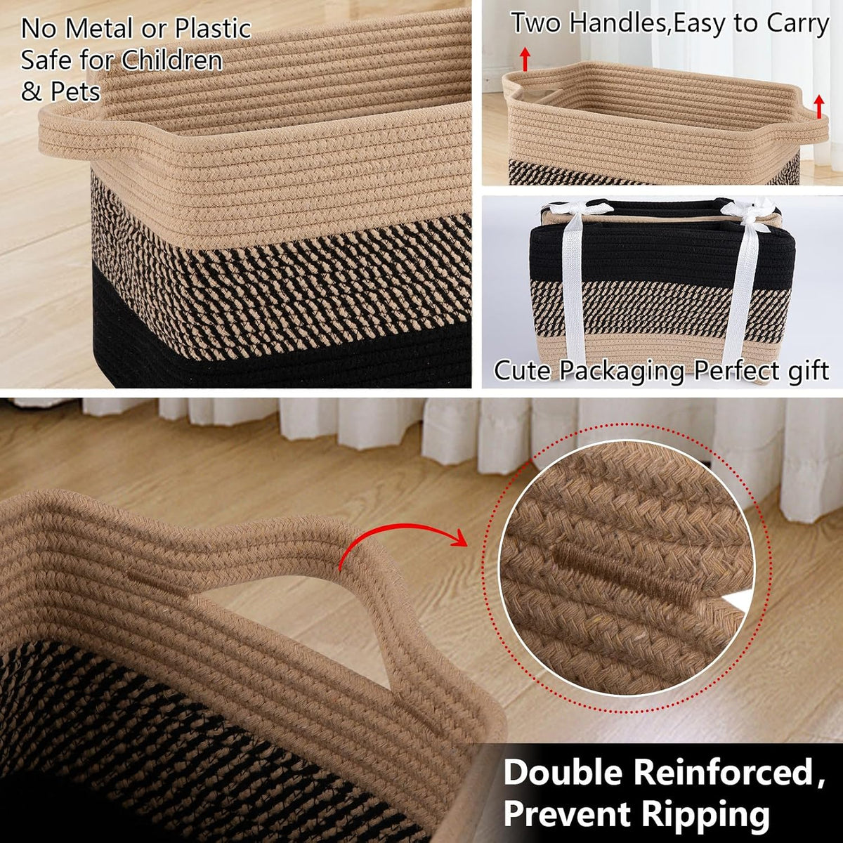 OIAHOMY Cotton Rope Storage Baskets for Organizing Black & Brown 3-Pack
