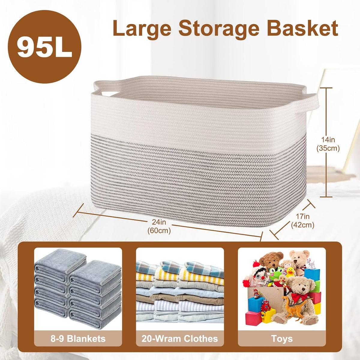OIASKET 90L Extra Large Blanket Basket Living Room, 24"x16.9"x14.2"