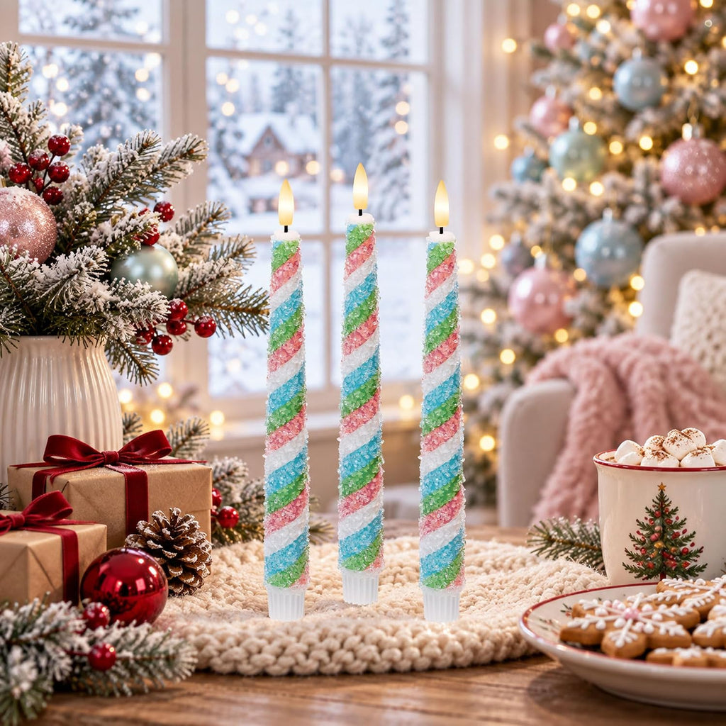 Candy Cane Flameless Taper Candles with Remote, Pastel Christmas Decoration