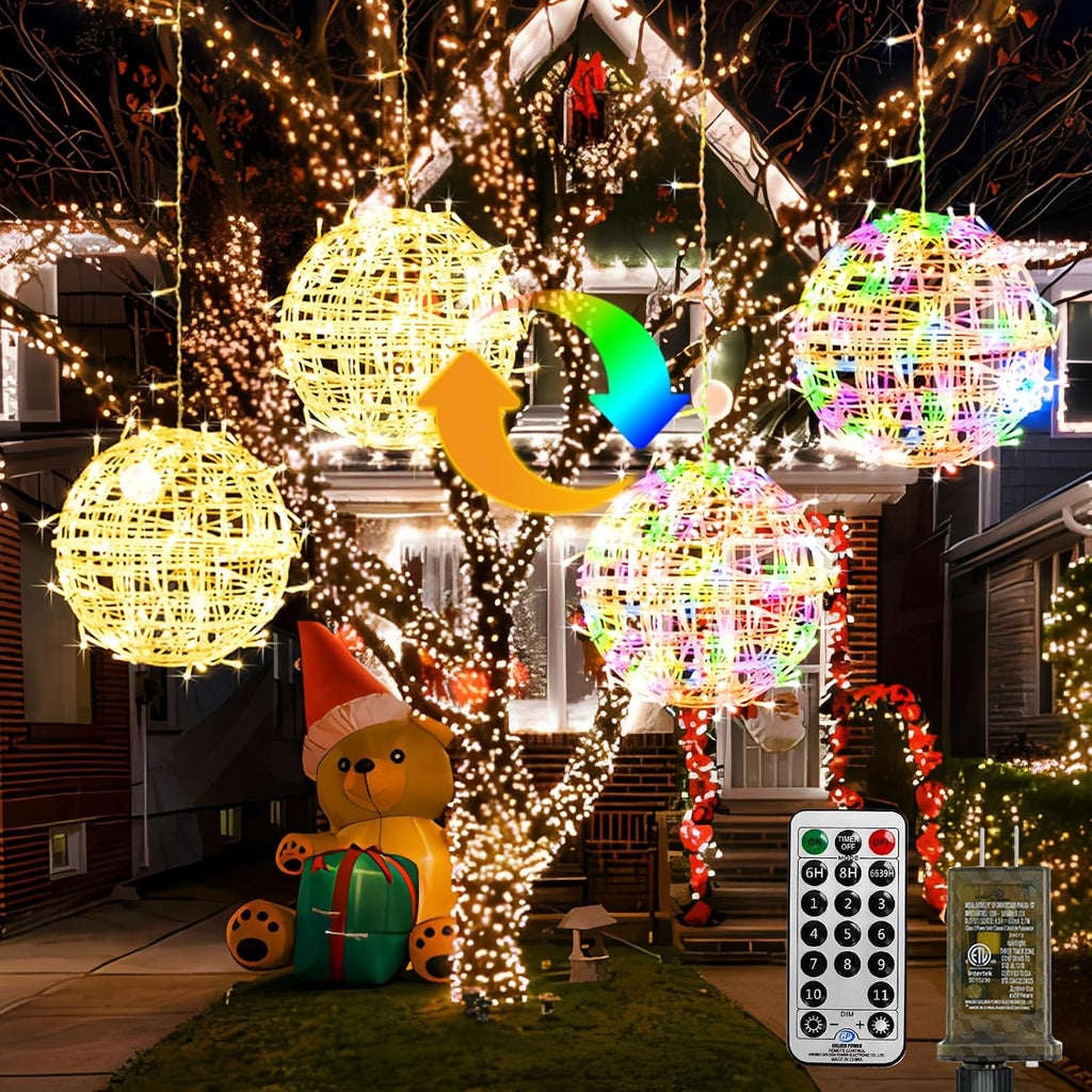 btfarm Color Changing Christmas Light Balls Outdoor with Remote & Timer, 4 Pack 11.81" Lighted Spheres Outside Hanging, 11 Mode Globe Lights with Plug for Trees Yard Garden Porch Patio Indoor Decor