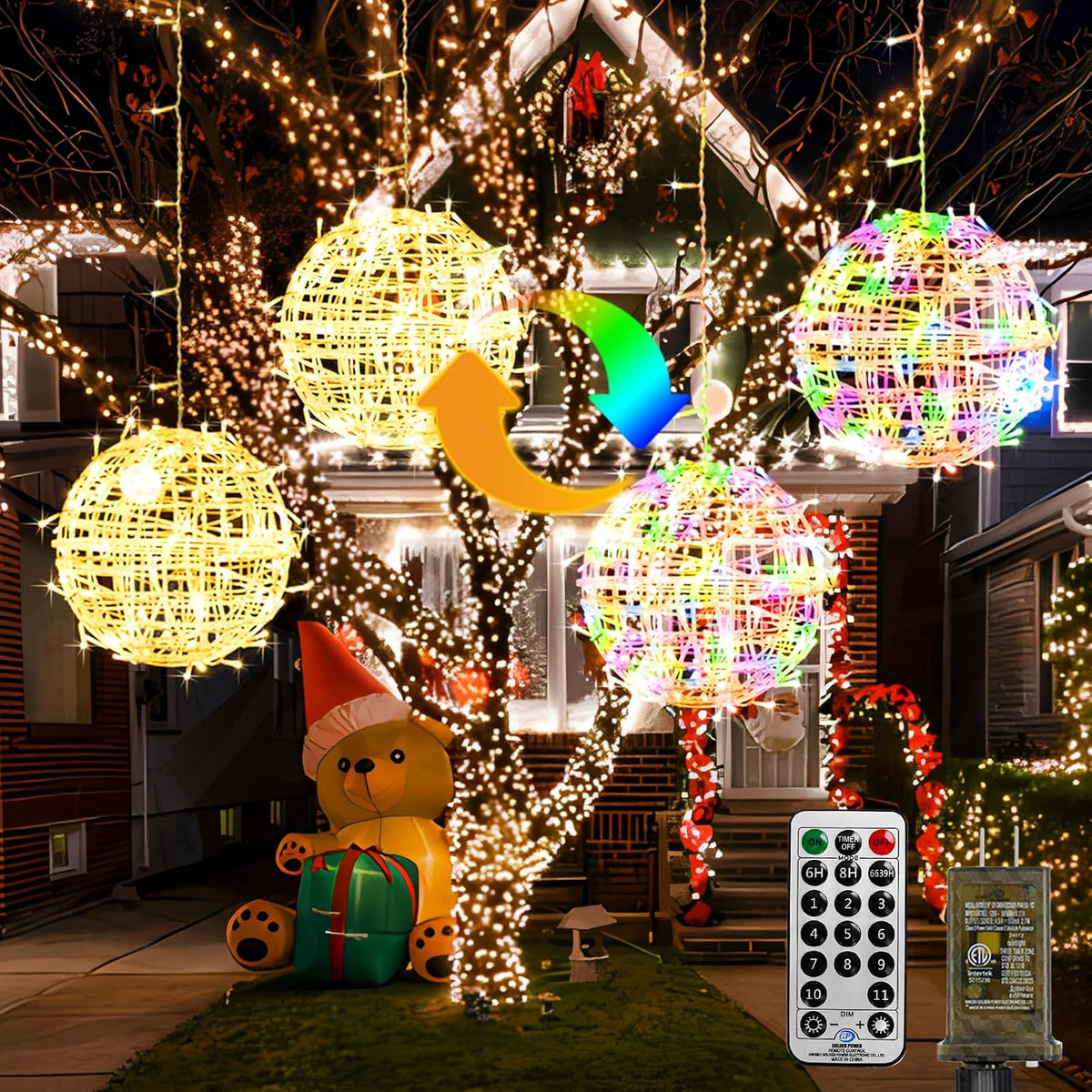 btfarm Color Changing Christmas Light Balls Outdoor with Remote & Timer, 4 Pack 11.81" Lighted Spheres Outside Hanging, 11 Mode Globe Lights with Plug for Trees Yard Garden Porch Patio Indoor Decor