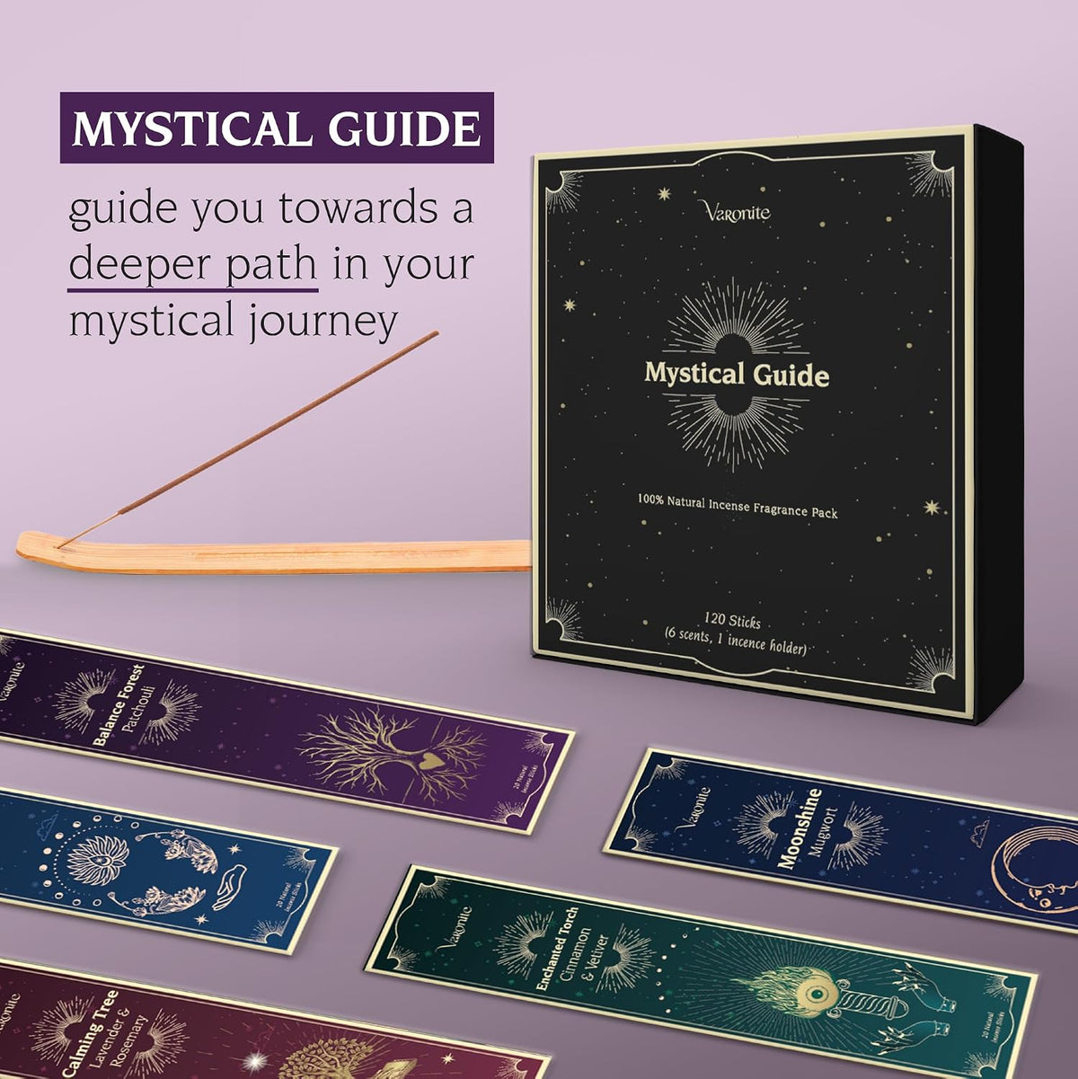 Mystical Guide Incense Sticks Variety Pack of 6 (120 Insence-Sticks) with Holder: Patchouli, Lavender, Sandalwood, Cinnamon, Lemongrass, Sage Inscents-Stick, Organic Incense Stick Non Toxic