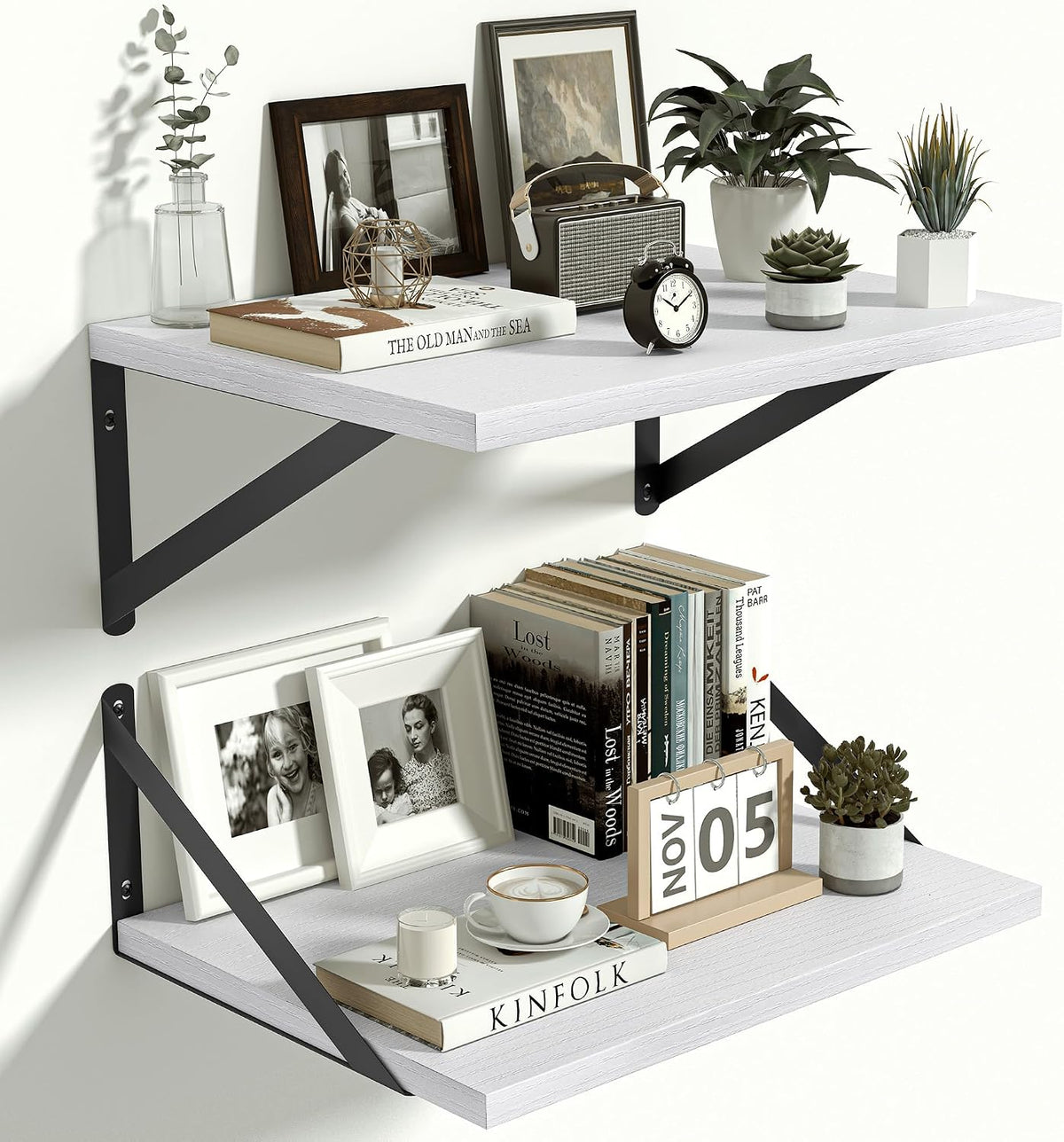 Heimlove 12 Inch Deep White Floating Shelves，Wooden Floating Shelves for Wall 16" W x 12" D Set of 2，Wall Mounted Shelves for Living Room, Bedroom, Kitchen, Bathroom and Decor Storage，Black Bracket