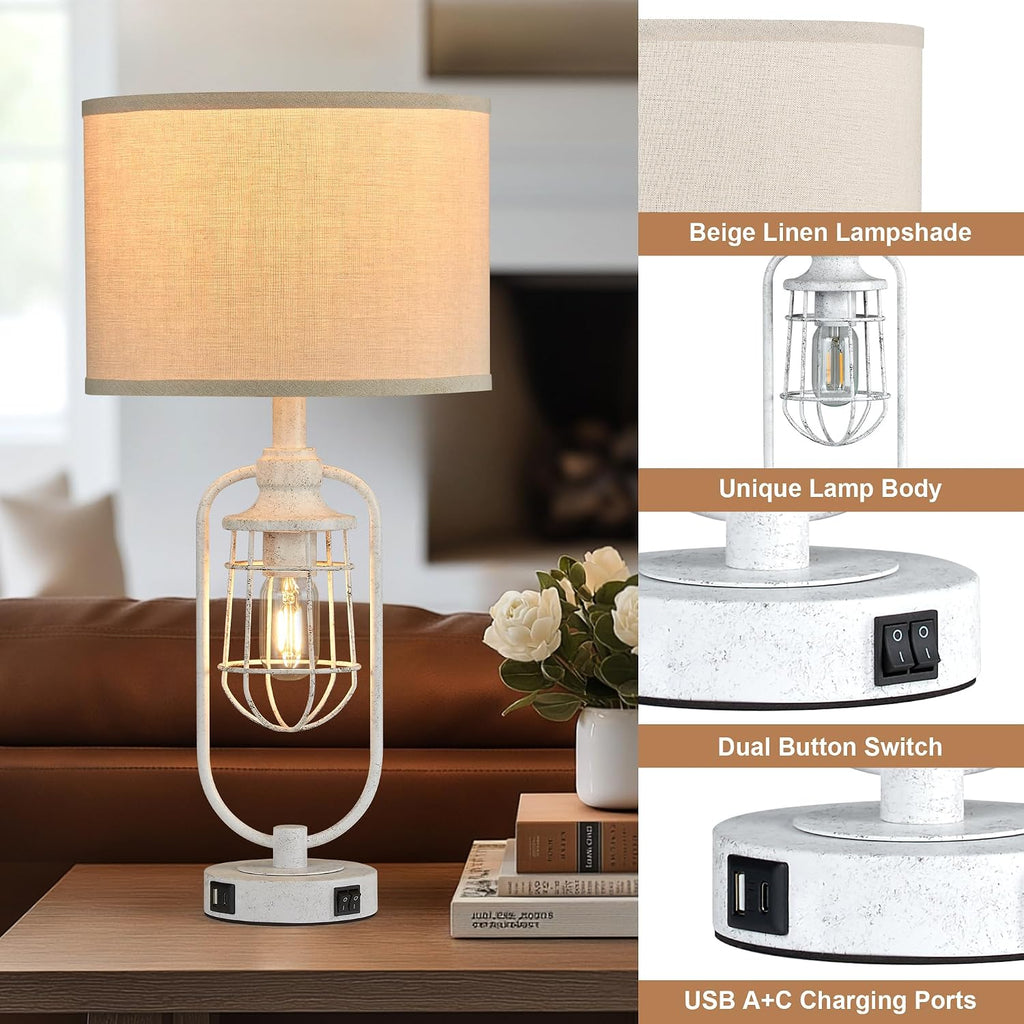 24" Antique Farmhouse Table Lamps Set of 2 for Living Room, USB A+C