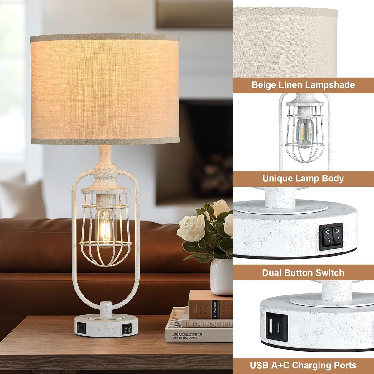24" Antique Farmhouse Table Lamps Set of 2 for Living Room, USB A+C
