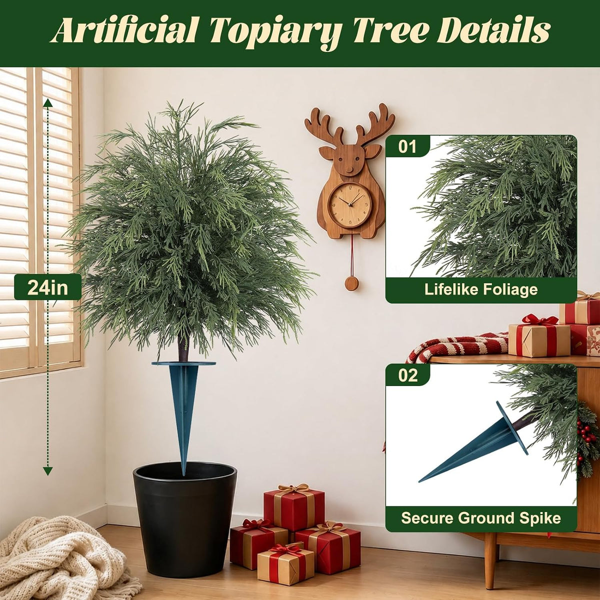 Yangrass 2PCS Arborvitae Cedar Topiary Trees with Spike, Christmas Decor