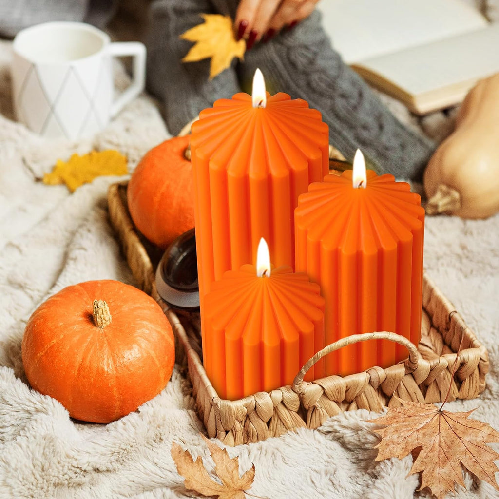 Conelist Set of 3 Fall Orange Ribbed Pillar Candles Soy Wax Scented Candles
