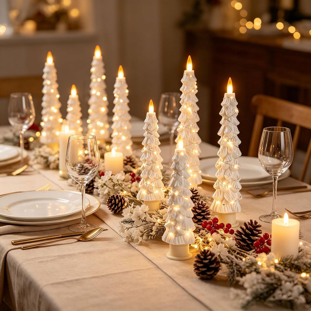2 Pack White Christmas Tree LED Taper Candles, Flameless Flickering Candles with Copper String Lights, Upgraded Realistic Flame Effect, Battery Operated with Remote for Christmas Home Decoration