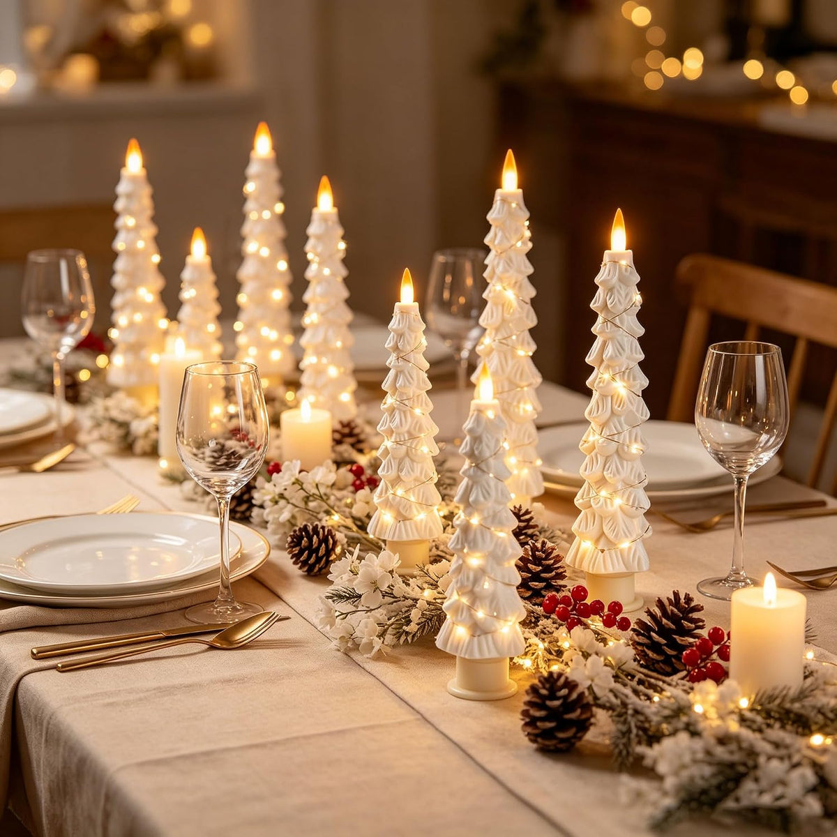 2 Pack White Christmas Tree LED Taper Candles, Flameless Flickering Candles with Copper String Lights, Upgraded Realistic Flame Effect, Battery Operated with Remote for Christmas Home Decoration