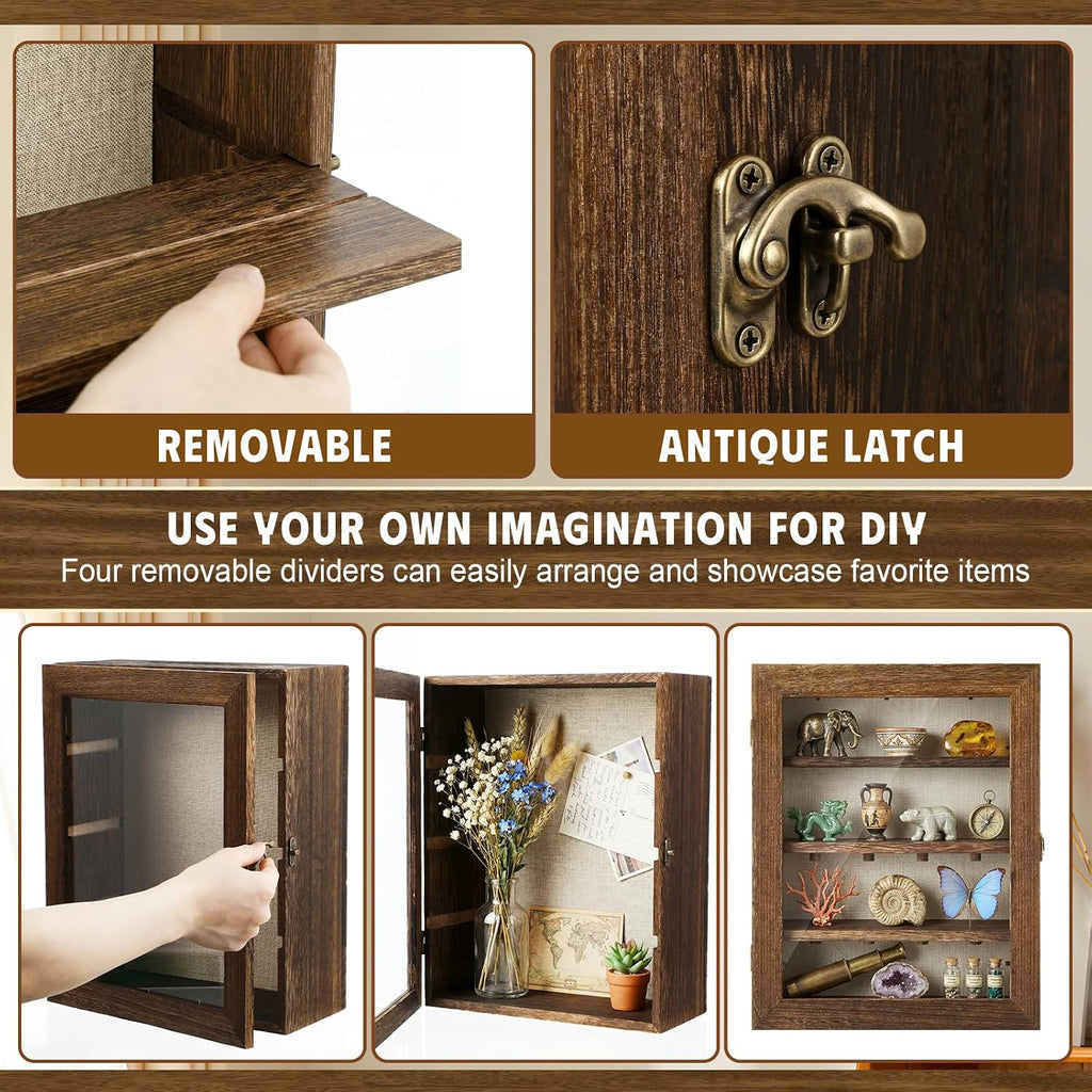 Gerrii Shadow Box Display Case 11 x 13 - Deep 5 Inch Wooden Picture Frame with Linen Back, Removable Shelves, Wooden Memory Case for Wedding Bouquets, Photos, Medals & Keepsakes, Brown