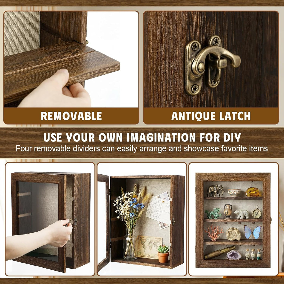 Gerrii Shadow Box Display Case 11 x 13 - Deep 5 Inch Wooden Picture Frame with Linen Back, Removable Shelves, Wooden Memory Case for Wedding Bouquets, Photos, Medals & Keepsakes, Brown