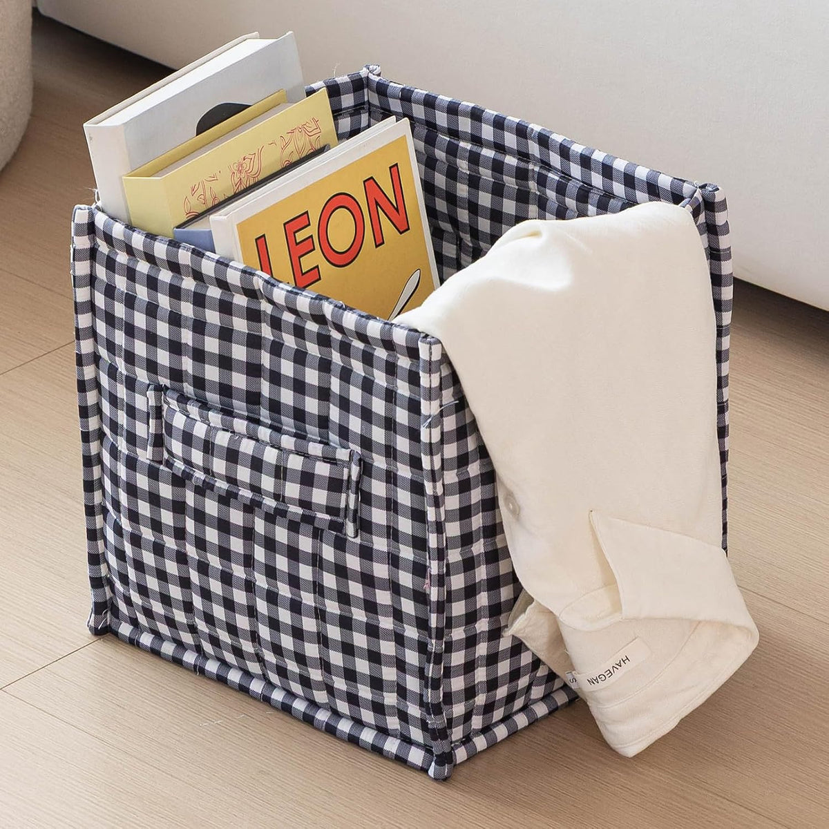 vctops Black Gingham Storage Cubes Organizer, 11.4 Inch 3 Pack Collapsible Fabric Storage Bins with Handles for Organization, Closet, Shelves, Offices, Toys (Black,11.4"x11.4"x11.4")