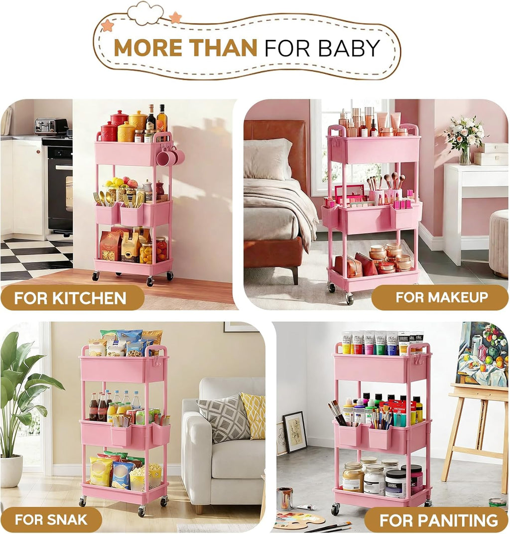 Goovilla Diaper Cart with Lockable Wheels and Easy Assembly, 3 Tier Pink