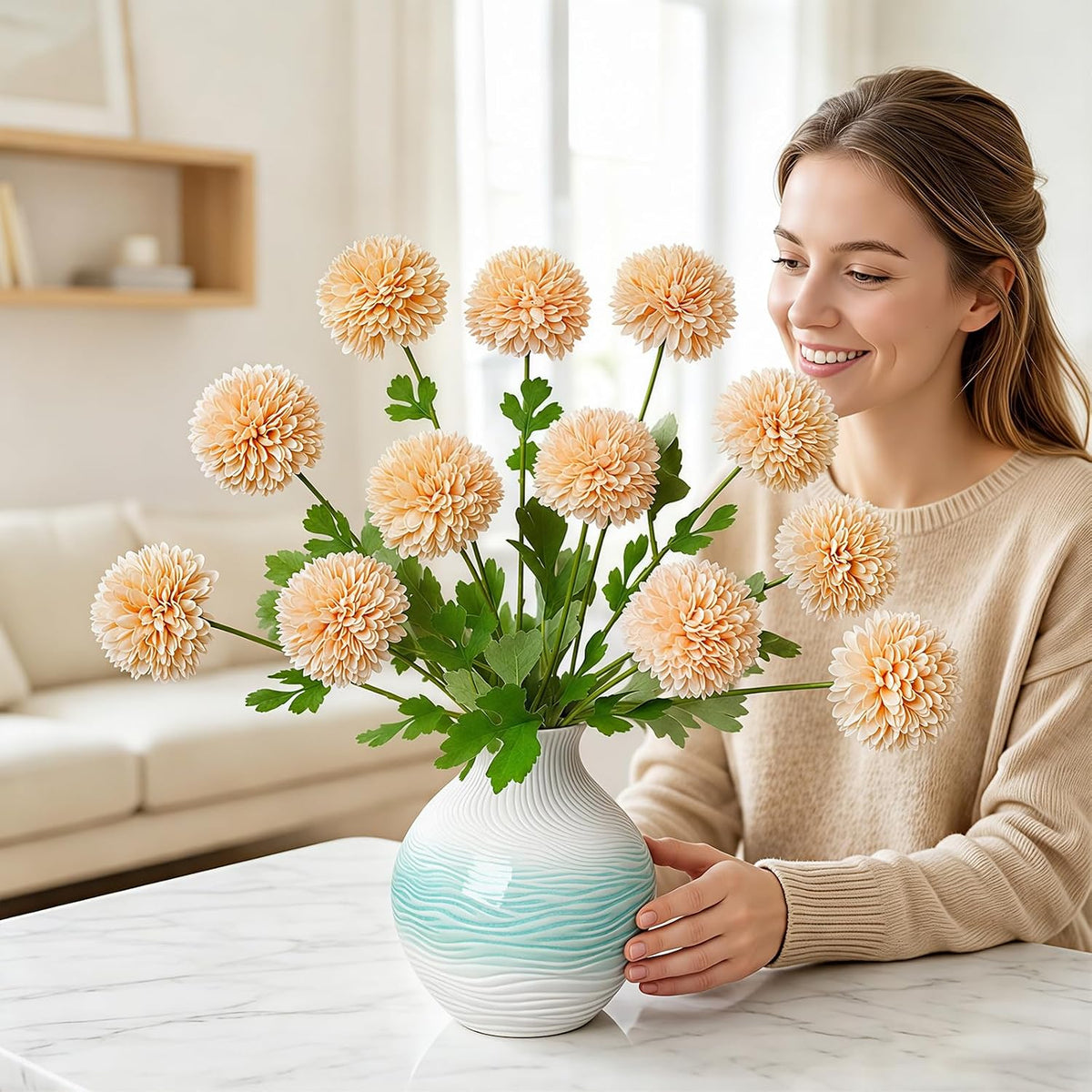 Artificial Flowers Faux Mums, Real Looking Flores Artificiales para Decoration, Faux Flowers Silk Chrysanthemum -28.34'', 12 Flowers for Decoration Indoor, Table Centerpieces(4, Champagne)