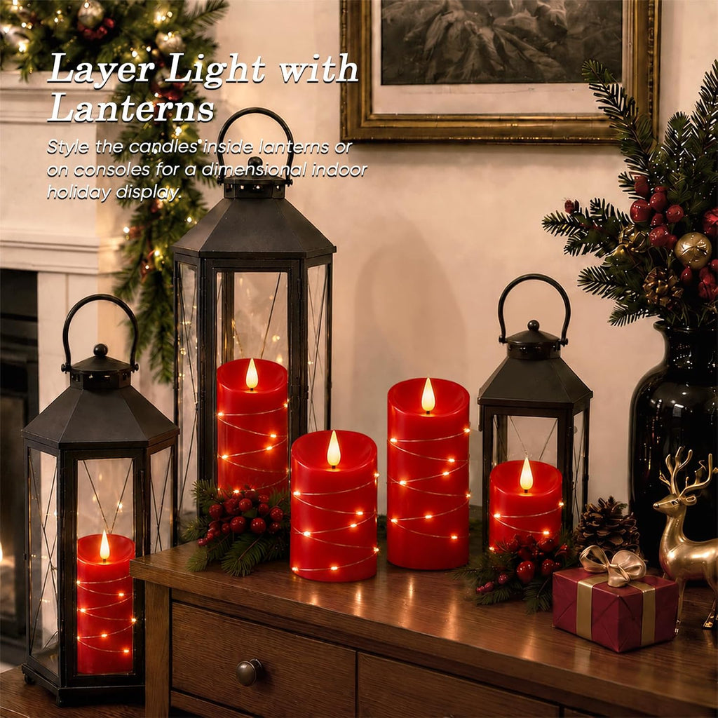 Homemory Red Flameless Candles with String Lights, 3 Pack Real Wax LED Pillar Candles with 3D Wicks, Battery Operated Candles with 11-Key Remote and Timer for Christmas Decor, 3" x 4"5" 6"