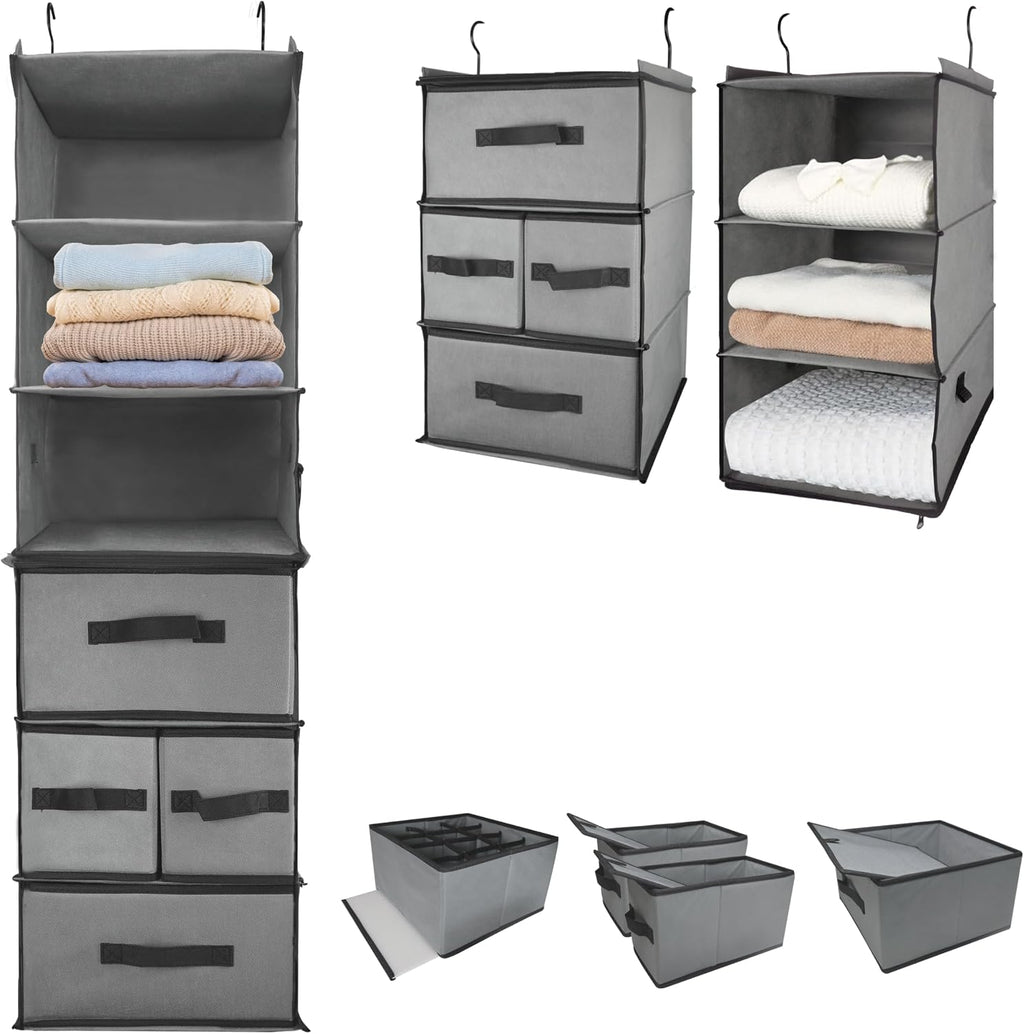 2-in-1 Durable 6-Tier Hanging Shelves Closet Organizer with 4 Removable Drawers,2 Separable 3-Shelf Hanging Clothes Storage Organization Space-saving for Clothing Rack,Bedroom,Bathroom,Guestroom,Dorm