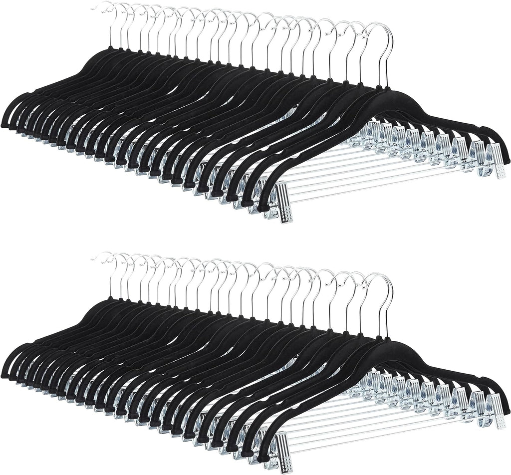 Amazon Basics Velvet Non-Slip Skirt Clothes Hangers with Clips, 360 Degree Rotatable Hook, Sturdy Construction, Organize Pants and Skirts, Black/Silver, 50-Pack