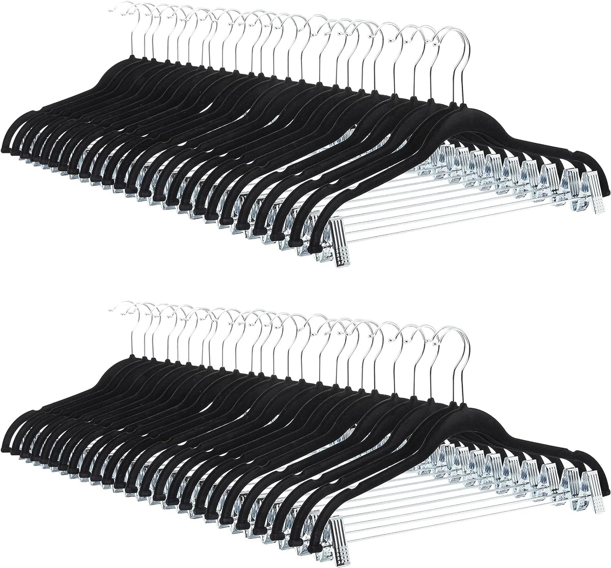 Amazon Basics Velvet Non-Slip Skirt Clothes Hangers with Clips, 360 Degree Rotatable Hook, Sturdy Construction, Organize Pants and Skirts, Black/Silver, 50-Pack