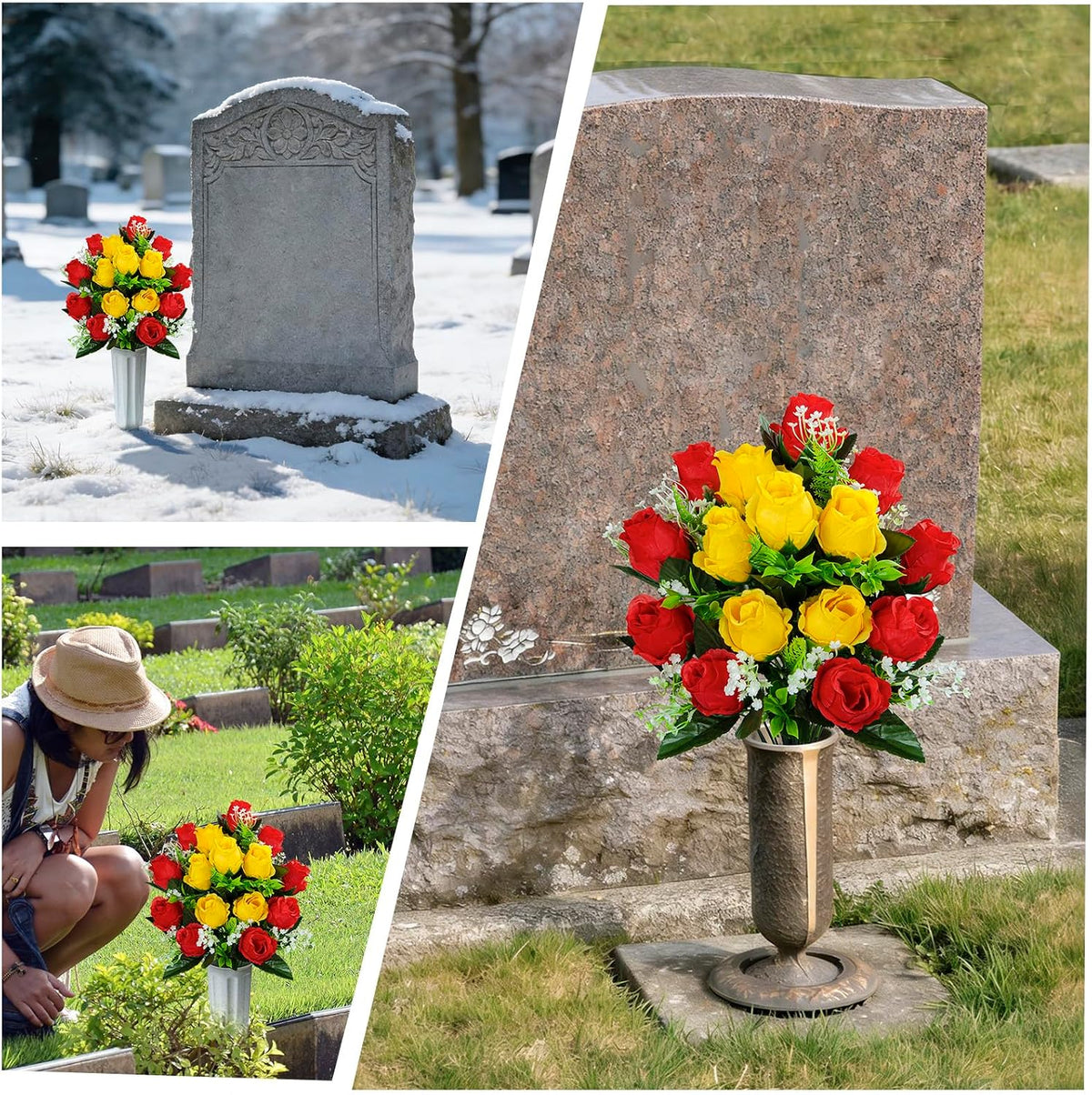 Set of 2 Artificial Cemetery Flowers with Vase, Artificial Grave Flowers Outdoor Memorial Rose Bouquets for Cemetery Headstone Graveyard Decor (Red Yellow)