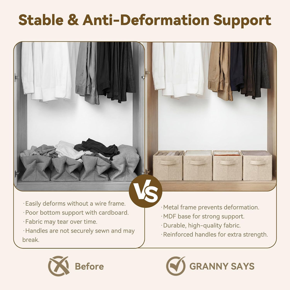 GRANNY SAYS Fabric Storage Bin for Closet, Khaki, 2-Pack, 13"x8.5"x7"