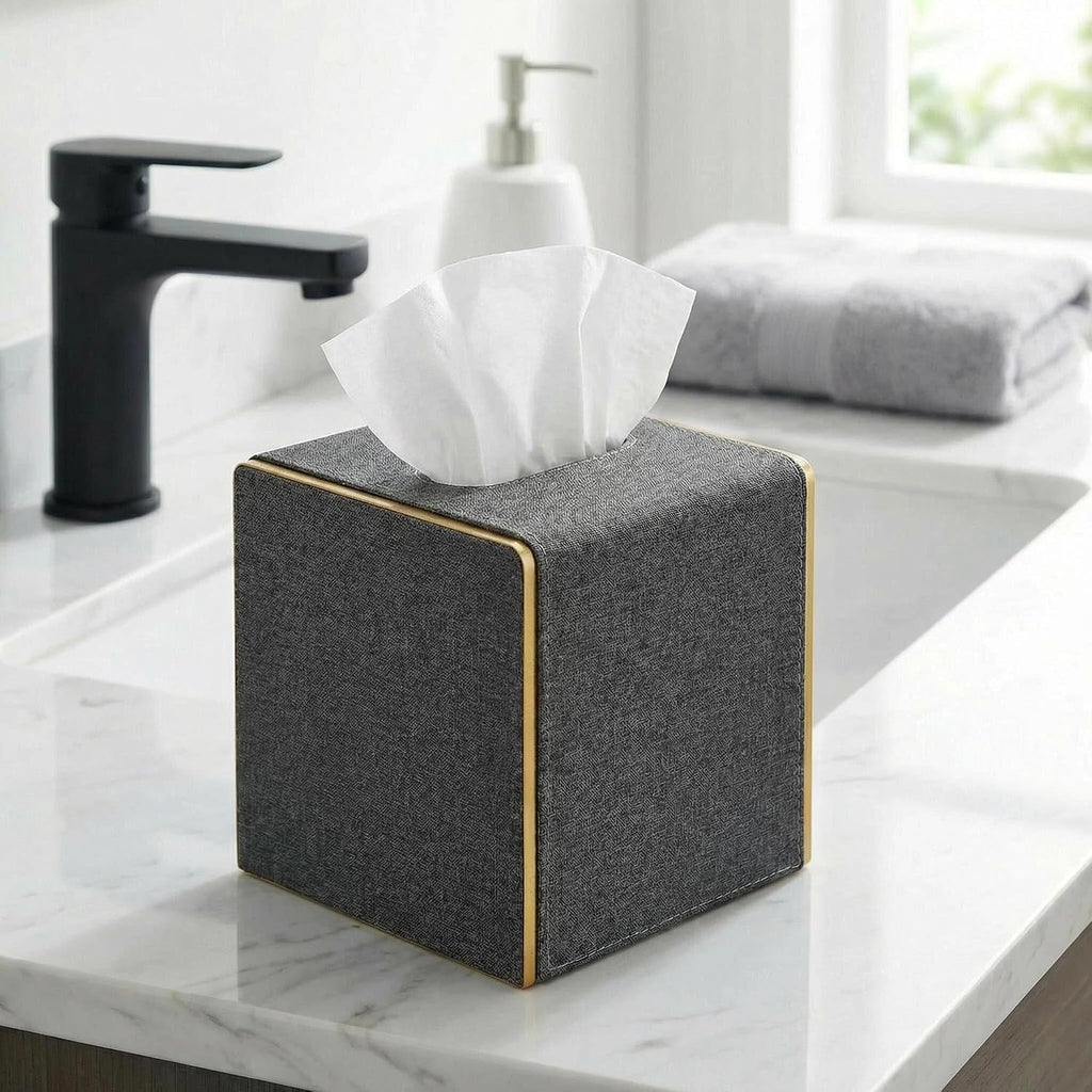 PU Leather Square Tissue Box Cover, Linen Tissue Box Holder with Magnetic Closure, Decorative Modern Cube Tissue Box for Bathroom Vanity Countertop Bedroom Office Desk (Gray)