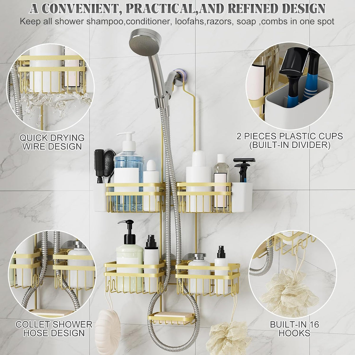 Shower Caddy Hanging for Bathroom Organizers and Storage - 3-Tier Adjustable Anti-Swing Shower Organizer Hanging with Heavy-Duty Suction Cups, Damage-Free Rustproof (Gold)